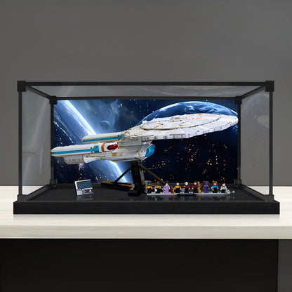 LEGO 10356 U.S.S. Enterprise NCC-1701-D Mirror Acrylic Display Case with Ring Light & UV-Printed Background - Dustproof Showcase