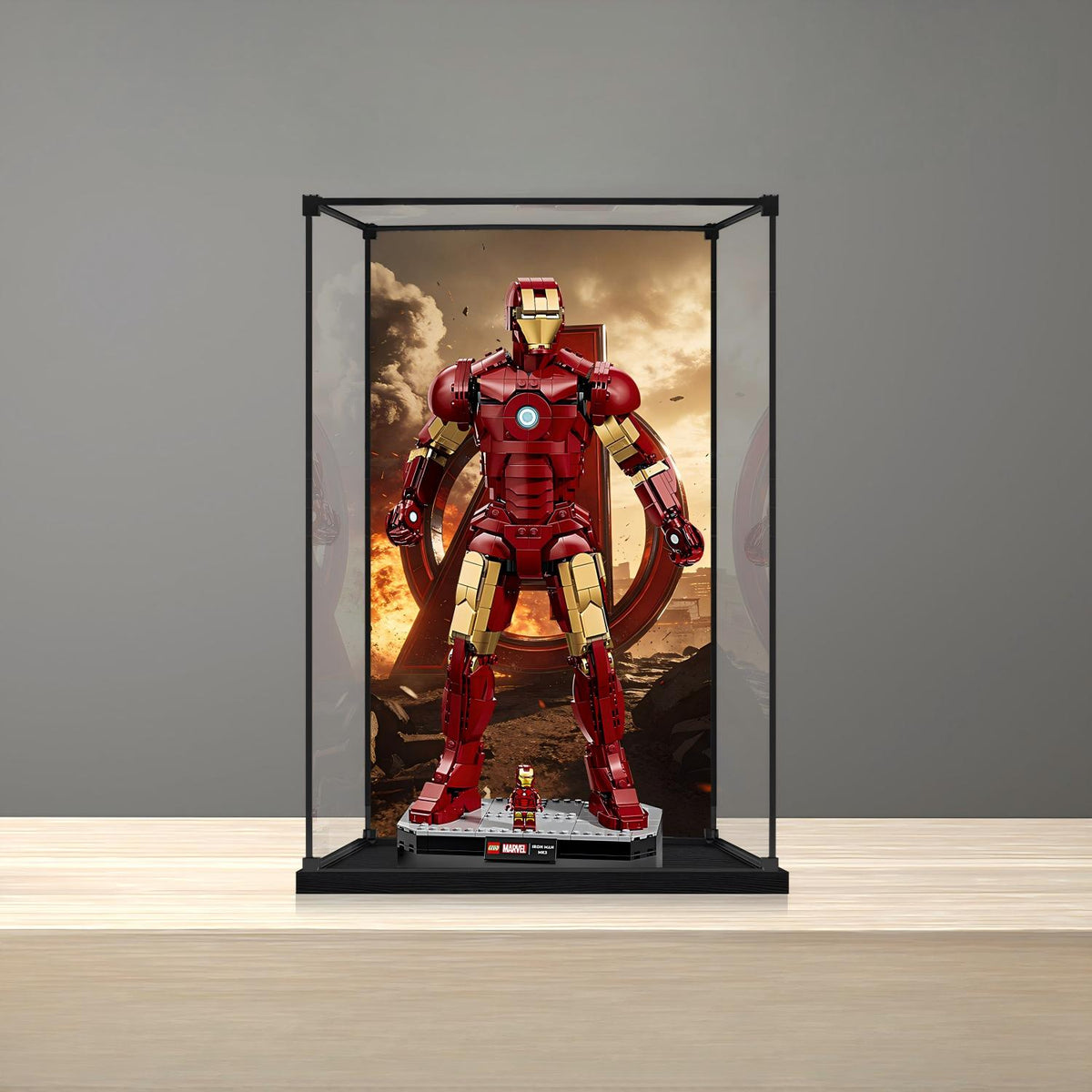 LEGO 76344 Iron Man Mark 3 Collectors' Edition Vitrine de Exibição em Acrílico Espelhado com Anel de Luz e Fundo Impresso em UV - Vitrine à Prova de Poeira