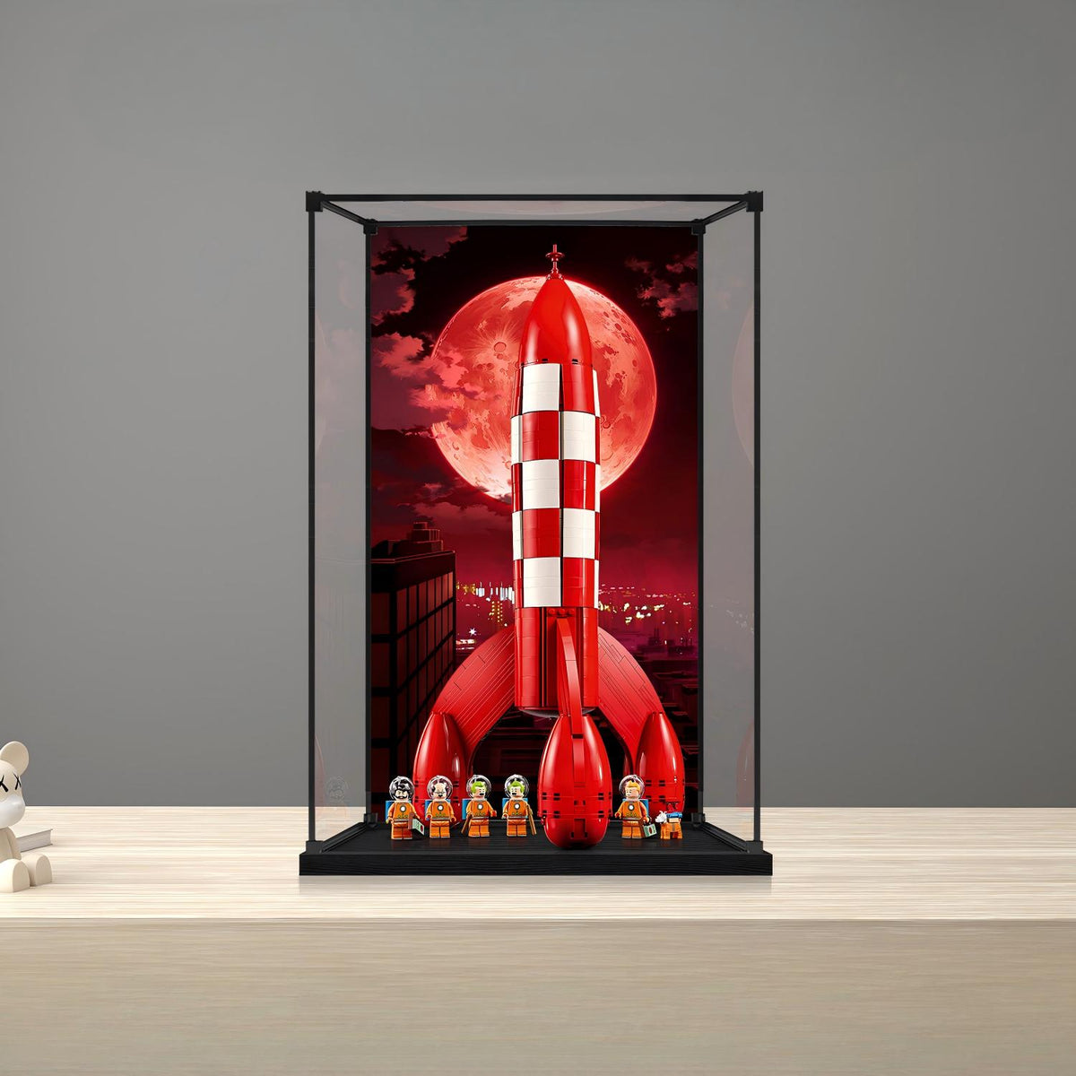 LEGO 21367 Tintin Moon Rocket Vitrine de Exibição em Acrílico com Espelho, Anel de Luz e Fundo Impresso em UV - Mostruário à Prova de Poeira
