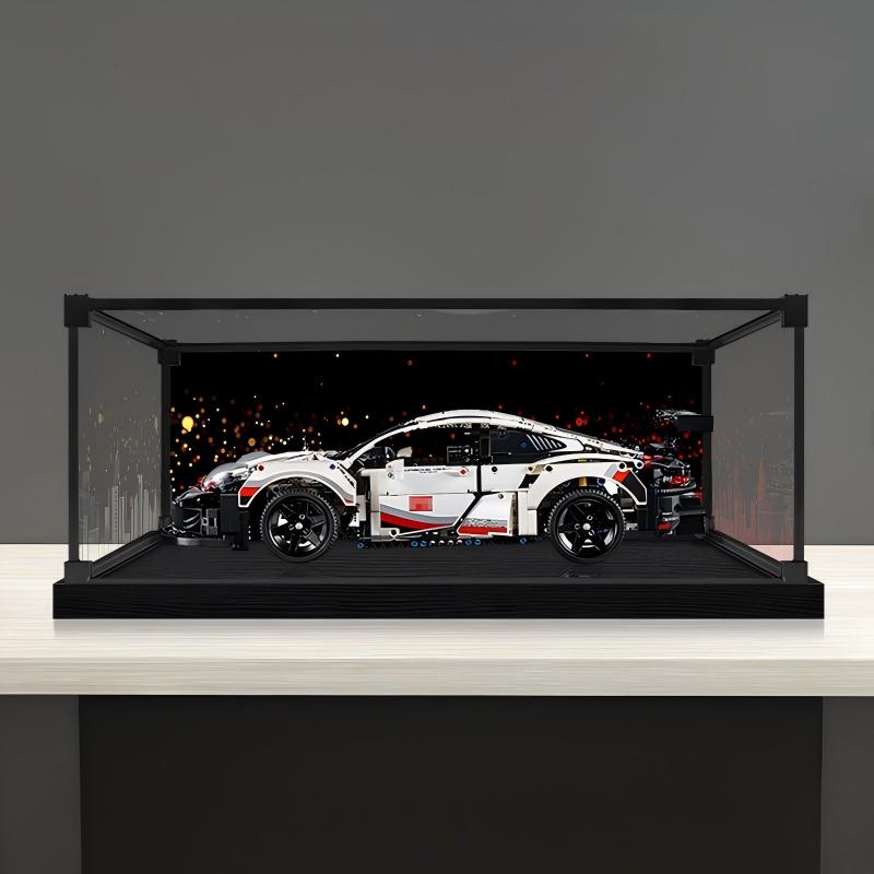 LEGO 42096 Porsche 911 RSR Vetrina Acrilica con Anello Luminoso e Sfondo Stampato UV - Custodia Antipolvere