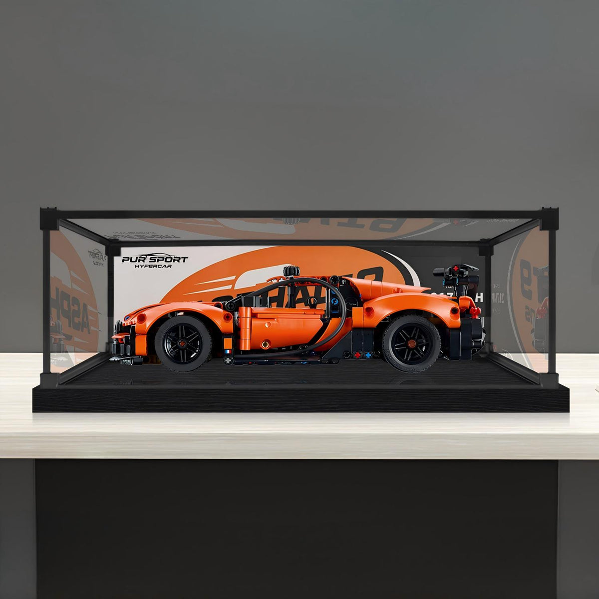 LEGO 42222 Bugatti Chiron Pur Sport Mirror Acrylic Display Case with Ring Light & UV-Printed Background - Dustproof Showcase