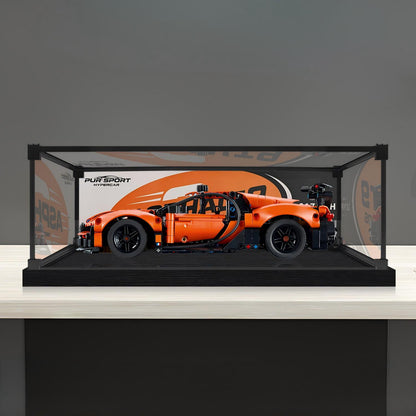 LEGO 42222 Bugatti Chiron Pur Sport Mirror Acrylic Display Case with Ring Light & UV-Printed Background - Dustproof Showcase
