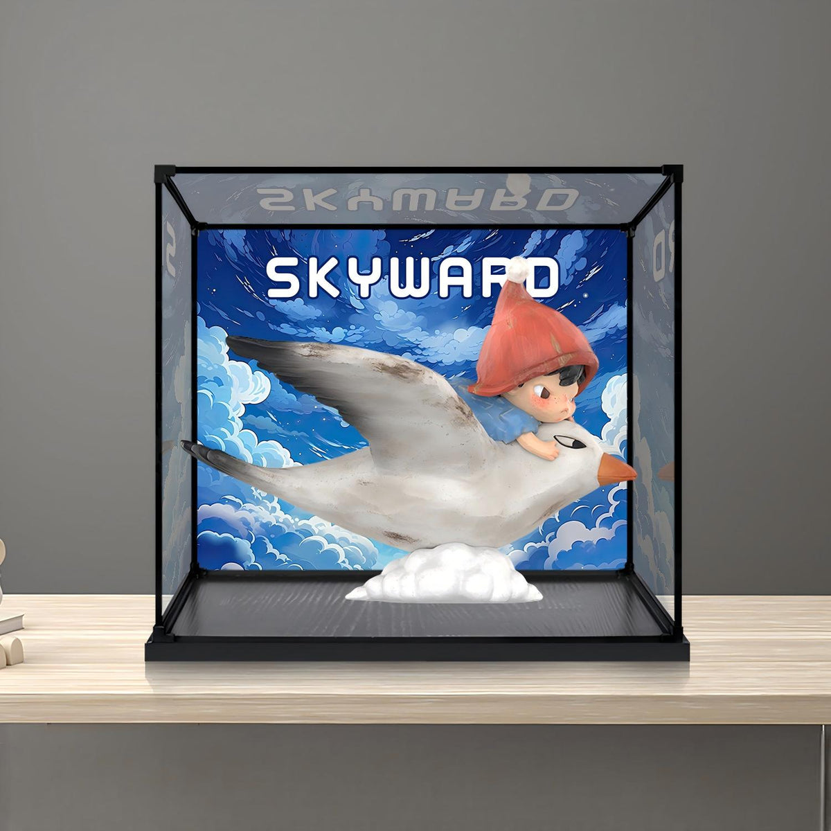 Pop Mart Skyward Mirror Acrylic Display Case with Ring Light & UV-Printed Background - Dustproof Showcase