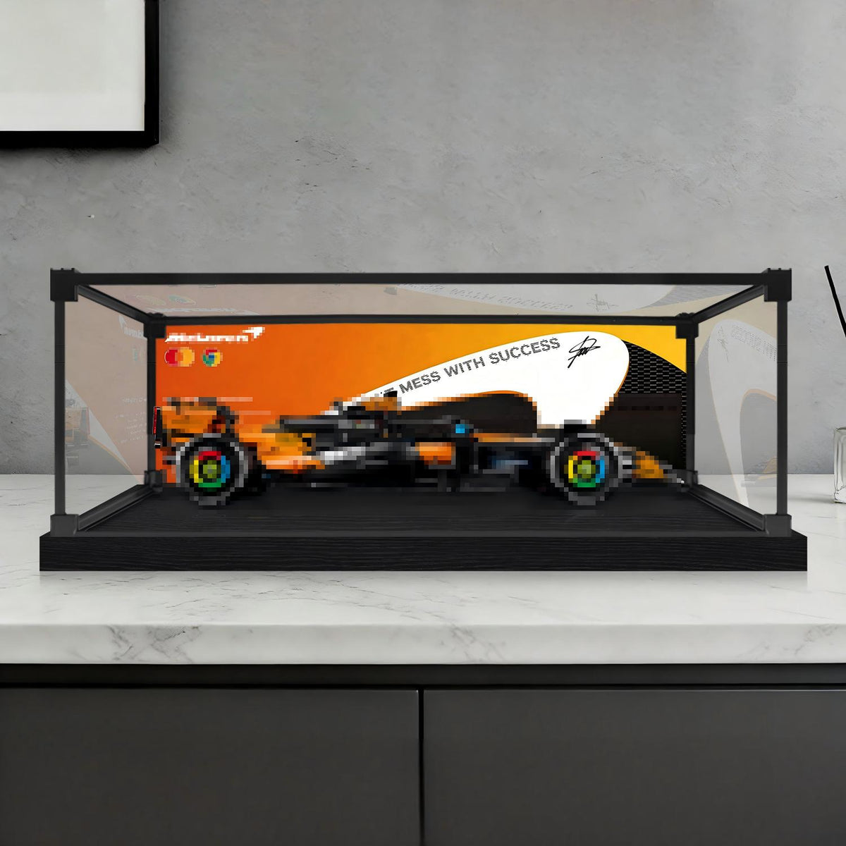 LEGO 42228 McLaren MCL39 F1 Car Mirror Acrylic Display Case with Ring Light & UV-Printed Background - Dustproof Showcase