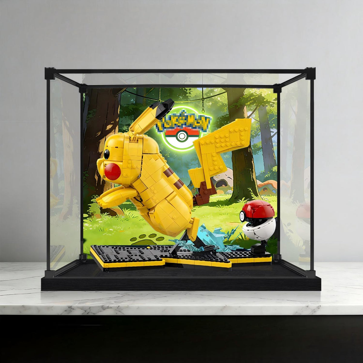 LEGO 72152 Pikachu e Poké Ball Vetrina Acrilica a Specchio con Luce ad Anello e Sfondo Stampato UV - Espositore Antipolvere