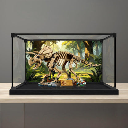 LEGO 77985 Dinosaur Fossils: Triceratops - Vetrina espositiva in acrilico a specchio con anello luminoso e sfondo stampato UV - Espositore antipolvere