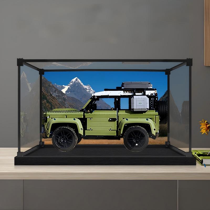 LEGO 42110 ランドローバー・ディフェンダー ミラー アクリル ディスプレイケース リングライト＆UVプリント背景付き - 防塵ショーケース