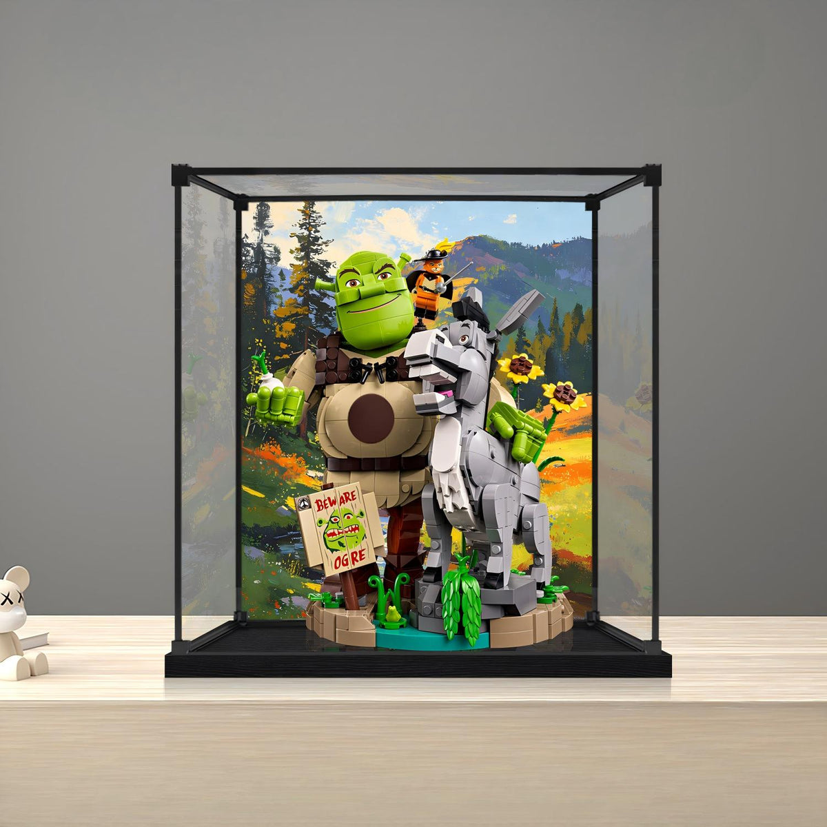 LEGO 72423 Shrek, Burro e Gato de Botas Vitrine de Acrílico com Espelho, Anel de Luz e Fundo Impresso em UV - Vitrine à Prova de Poeira