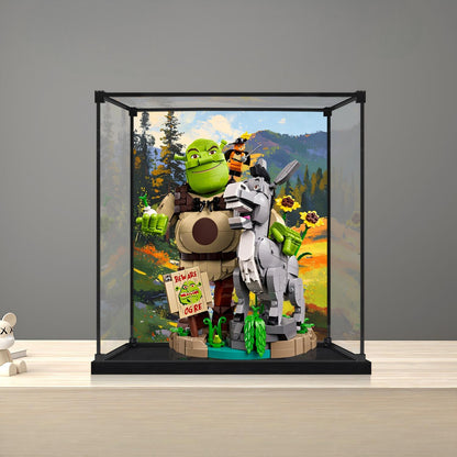 LEGO 72423 Shrek, Burro e Gato de Botas Vitrine de Acrílico com Espelho, Anel de Luz e Fundo Impresso em UV - Vitrine à Prova de Poeira