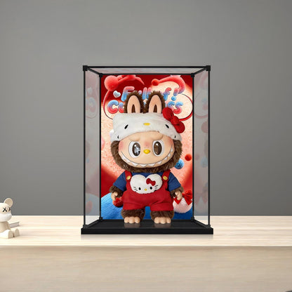Pop Mart Fluffy Character Mirror Acrylic Display Case with Ring Light & UV-Printed Background - Dustproof Showcase
