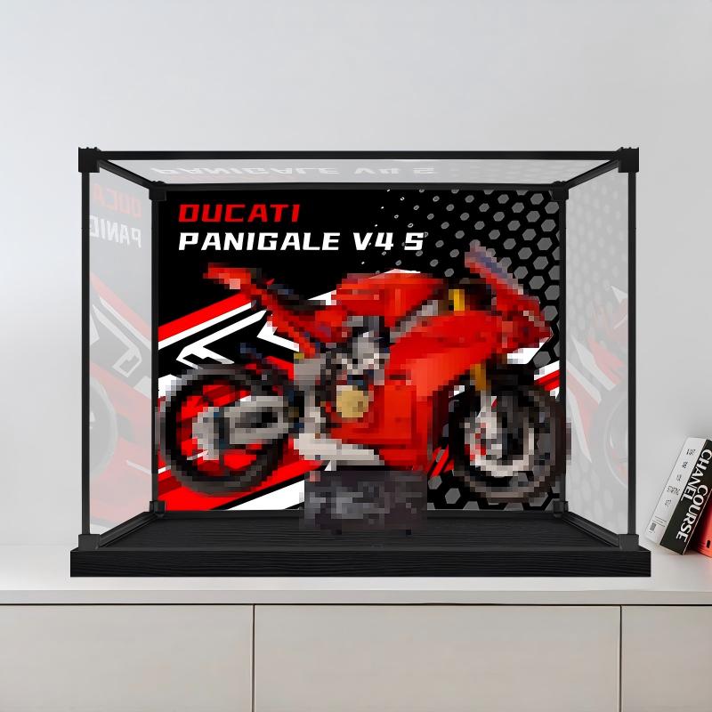 LEGO 42202 Ducati Panigale V4 S Vitrine de Exibição em Acrílico com Espelho, Luz Anelar e Fundo Impresso em UV - Vitrine à Prova de Poeira