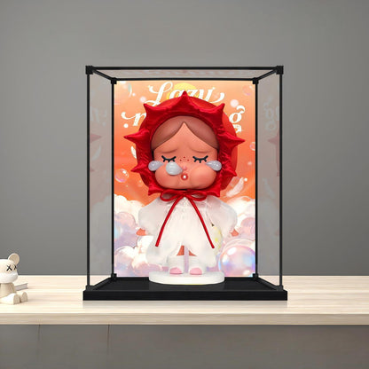 Caixa de Exibição de Acrílico com Espelho para Pop Mart Pucky Lazy Series com Luz de Anel e Fundo Impresso em UV - Vitrine à Prova de Poeira