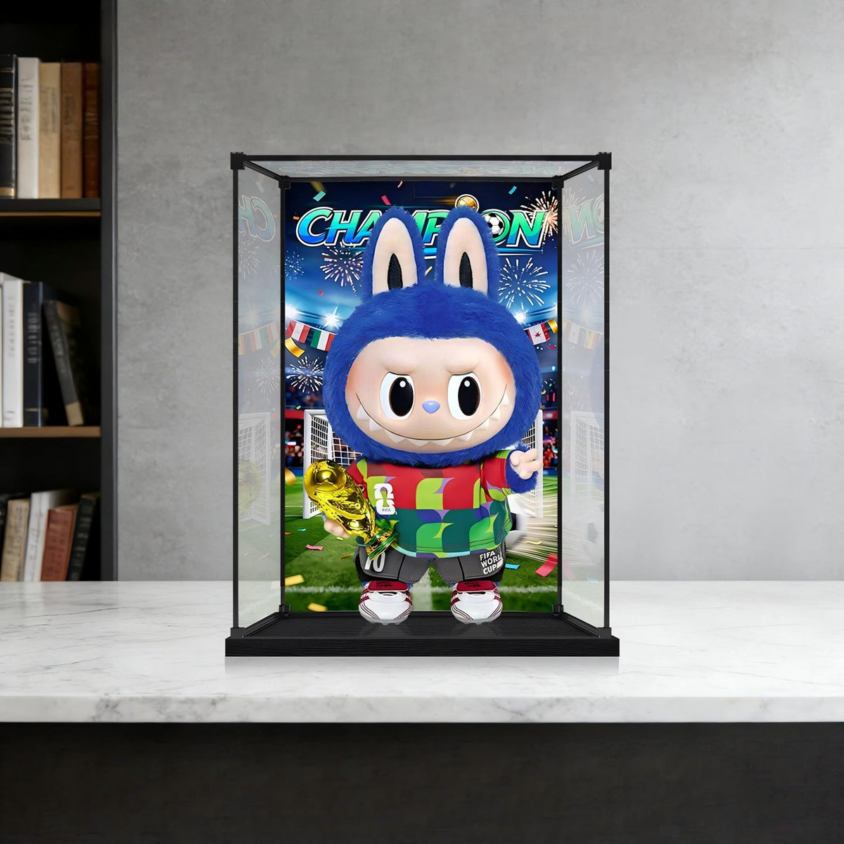 Pop Mart Labubu Champion Series Mirror Acrylic Display Case with Ring Light & UV-Printed Background - Dustproof Showcase
