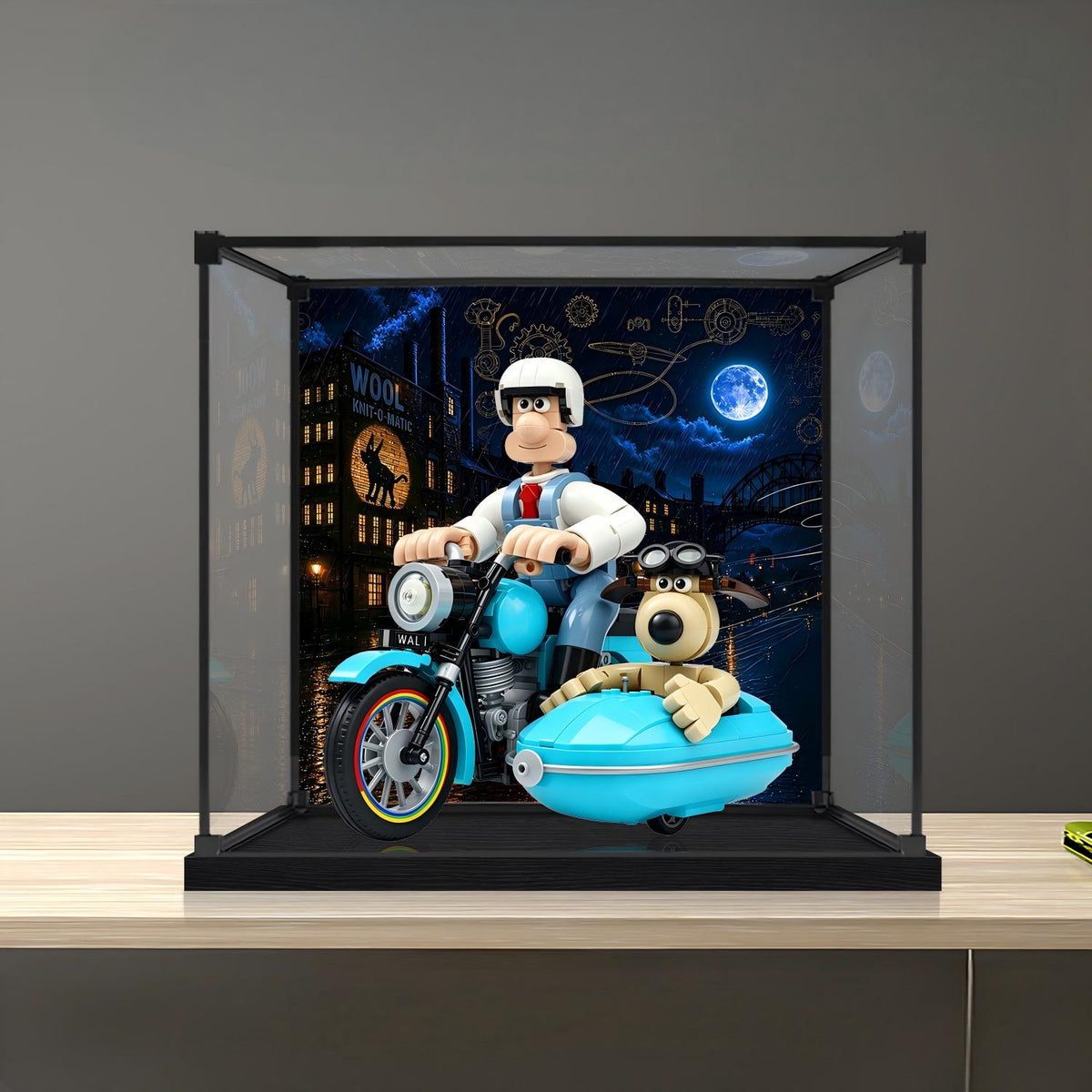 LEGO 21371 Wallace & Gromit Mirror Acrylic Display Case with Ring Light & UV-Printed Background - Dustproof Showcase