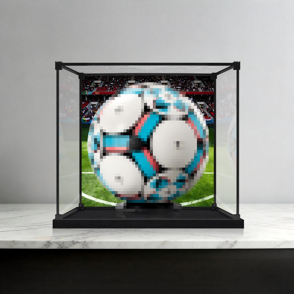 LEGO 43019 Soccer Ball Mirror Acrylic Display Case with Ring Light & UV-Printed Background - Dustproof Showcase