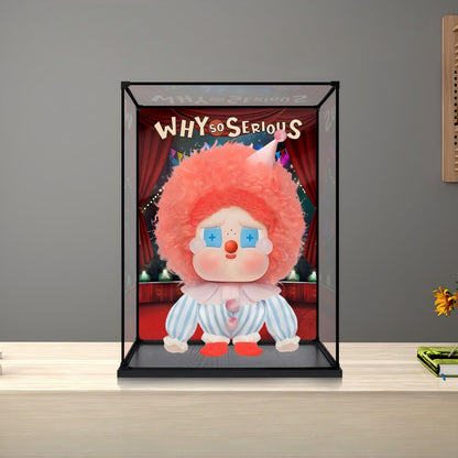 Boîte d'exposition en acrylique miroir Pop Mart Labubu Why So Serious avec anneau lumineux et fond imprimé UV - Vitrine anti-poussière