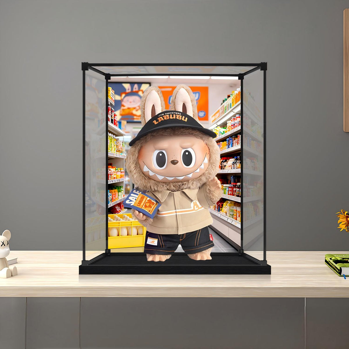 Pop Mart THE MONSTERS LABUBU Spejl Akryl Udstillingsæske med Ringlys & UV-printet Baggrund - Støvtæt Vitrine