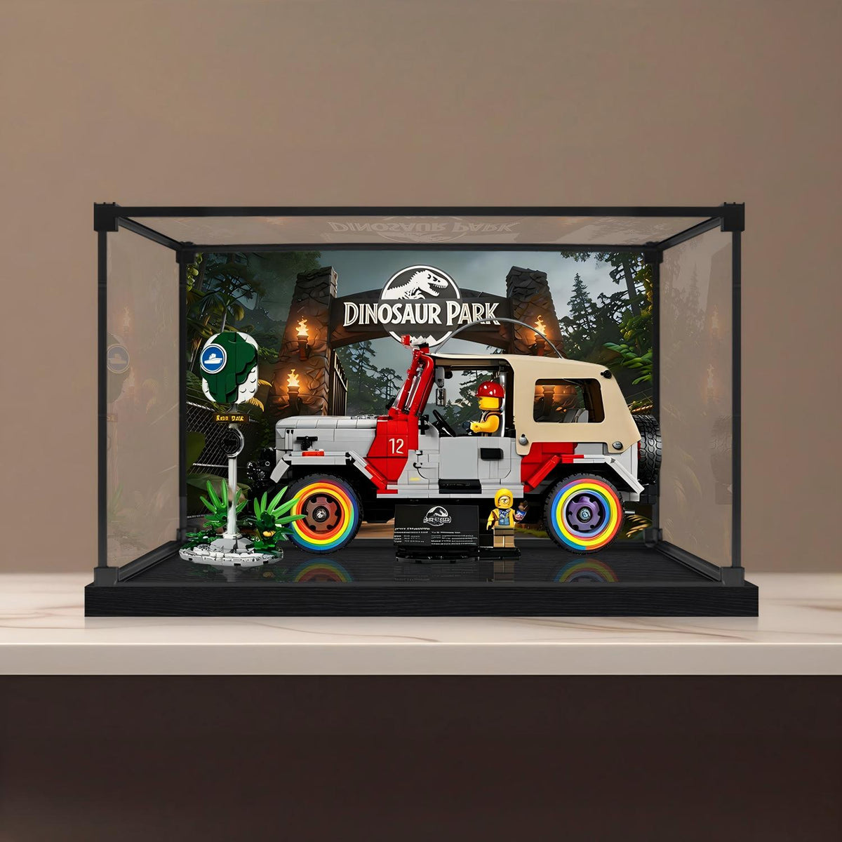 LEGO 77984 Jurassic Park Jeep Wrangler Mirror Acrylic Display Case with Ring Light & UV-Printed Background - Dustproof Showcase