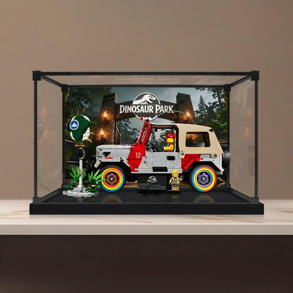 LEGO 77984 Jurassic Park Jeep Wrangler Mirror Acrylic Display Case with Ring Light & UV-Printed Background - Dustproof Showcase