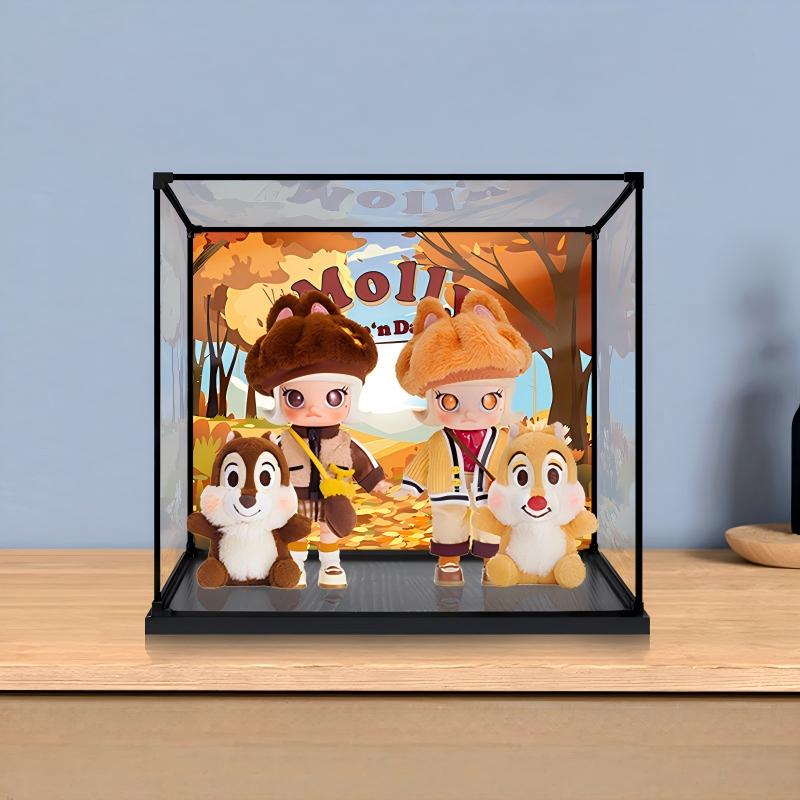 Caixa de Exibição de Acrílico com Espelho para Pop Mart MOLLY Chip 'n Dale com Luz de Anel e Fundo Impresso em UV - Vitrine à Prova de Poeira
