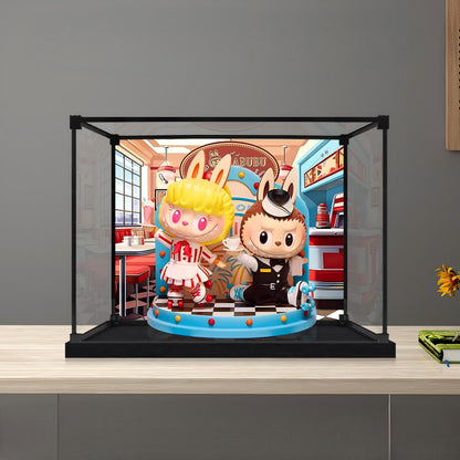 Pop Mart THE MONSTERS LABUBU Diner Spiegel Acryl Displaydoos met Ringlicht & UV-bedrukte Achtergrond - Stofvrije Vitrine
