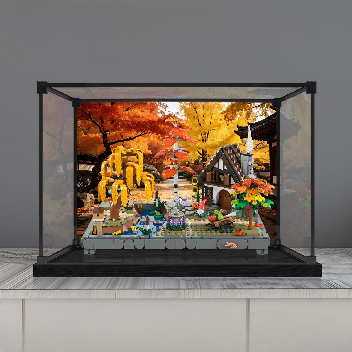 LEGO 11372 Autumn Cottage Garden Mirror Acrylic Display Case with Ring Light & UV-Printed Background - Dustproof Showcase