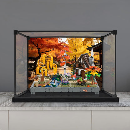LEGO 11372 Autumn Cottage Garden Mirror Acrylic Display Case with Ring Light & UV-Printed Background - Dustproof Showcase