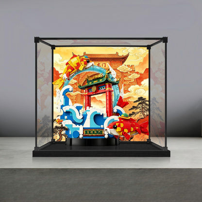 LEGO 80120 Prosperity Carp Leaping Mirror Acrylic Display Case with Ring Light & UV-Printed Background - Dustproof Showcase