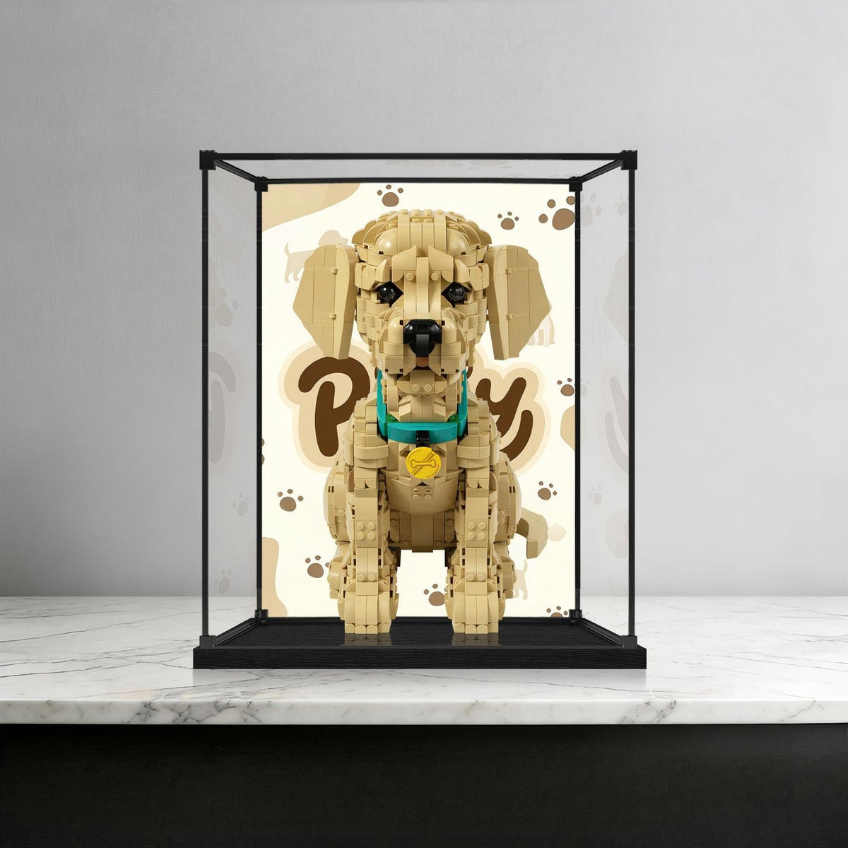 LEGO 11384 Vitrine de Exposição em Acrílico com Espelho para Filhote de Golden Retriever com Anel de Luz e Fundo Impresso em UV - Vitrine à Prova de Poeira