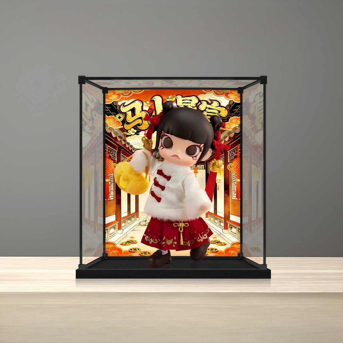 Pop Mart Molly Fortune Collection Mirror Acrylic Display Case with Ring Light & UV-Printed Background - Dustproof Showcase
