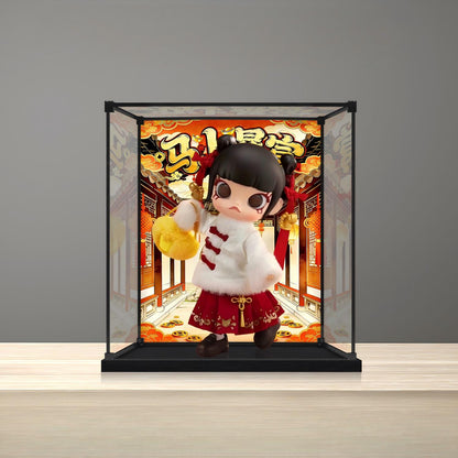 Pop Mart Molly Fortune Collection Mirror Acrylic Display Case with Ring Light & UV-Printed Background - Dustproof Showcase