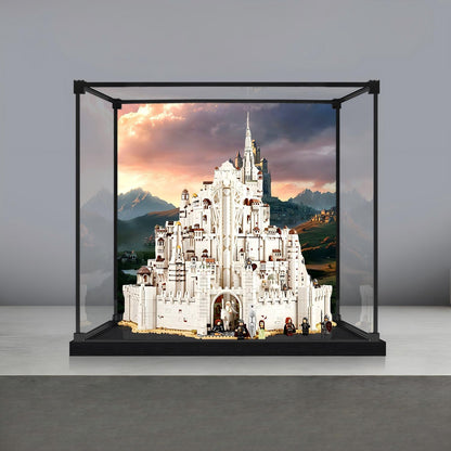 LEGO 11377 Icons The Lord of the Rings: Minas Tirith Mirror Acrylic Display Case with Ring Light & UV-Printed Background - Dustproof Showcase