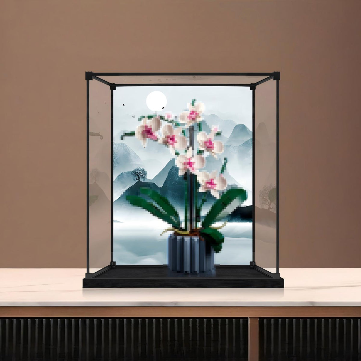 LEGO 10311 Vitrine de Exibição de Acrílico com Espelho para Orquídea, com Luz de Anel e Fundo Impresso em UV - Mostruário à Prova de Poeira