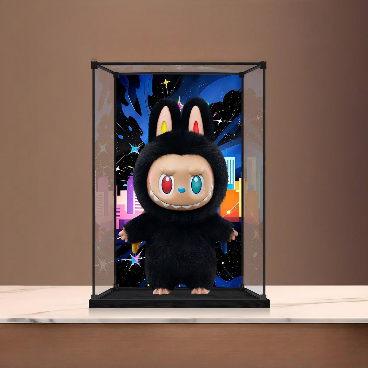 Pop Mart Labubu Mirror Acrylic Display Case with Ring Light & UV-Printed Background - Dustproof Showcase