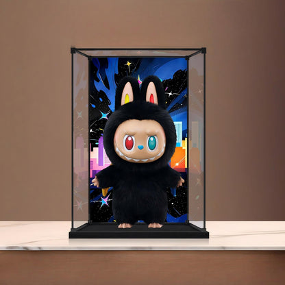 Pop Mart Labubu Mirror Acrylic Display Case with Ring Light & UV-Printed Background - Dustproof Showcase