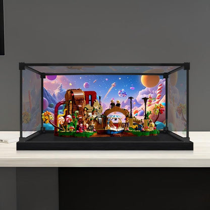 LEGO 21360 Willy Wonka & die Schokoladenfabrik Spiegel-Acryl-Vitrine mit Ringlicht & UV-bedrucktem Hintergrund - Staubdichte Präsentationsvitrine