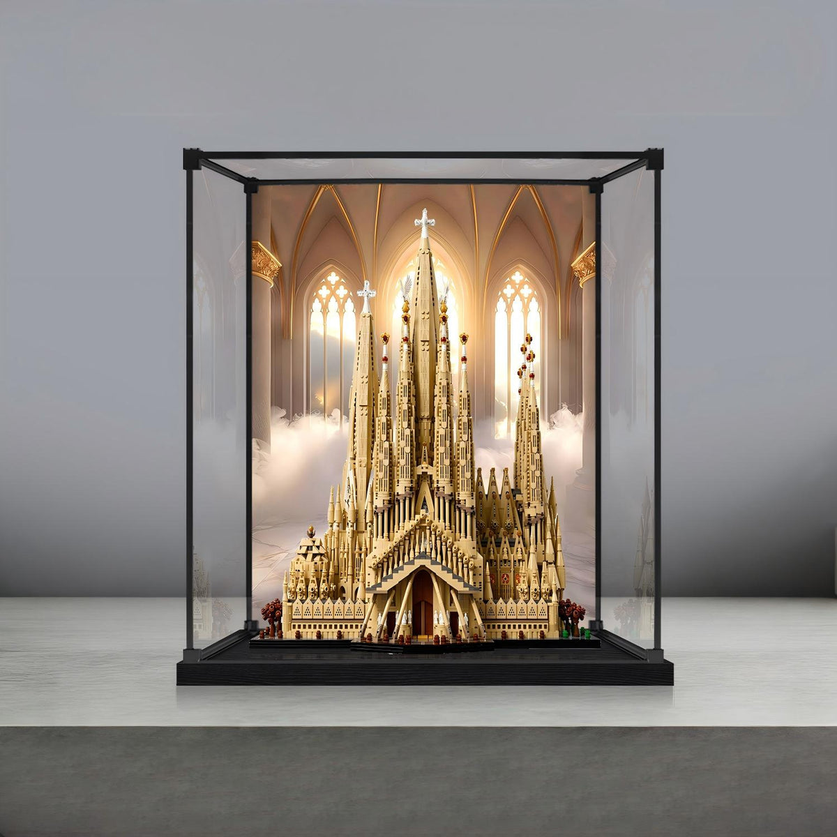LEGO 21065 圣家堂镜面亚克力展示盒，带环形灯和UV印刷背景 - 防尘展示柜