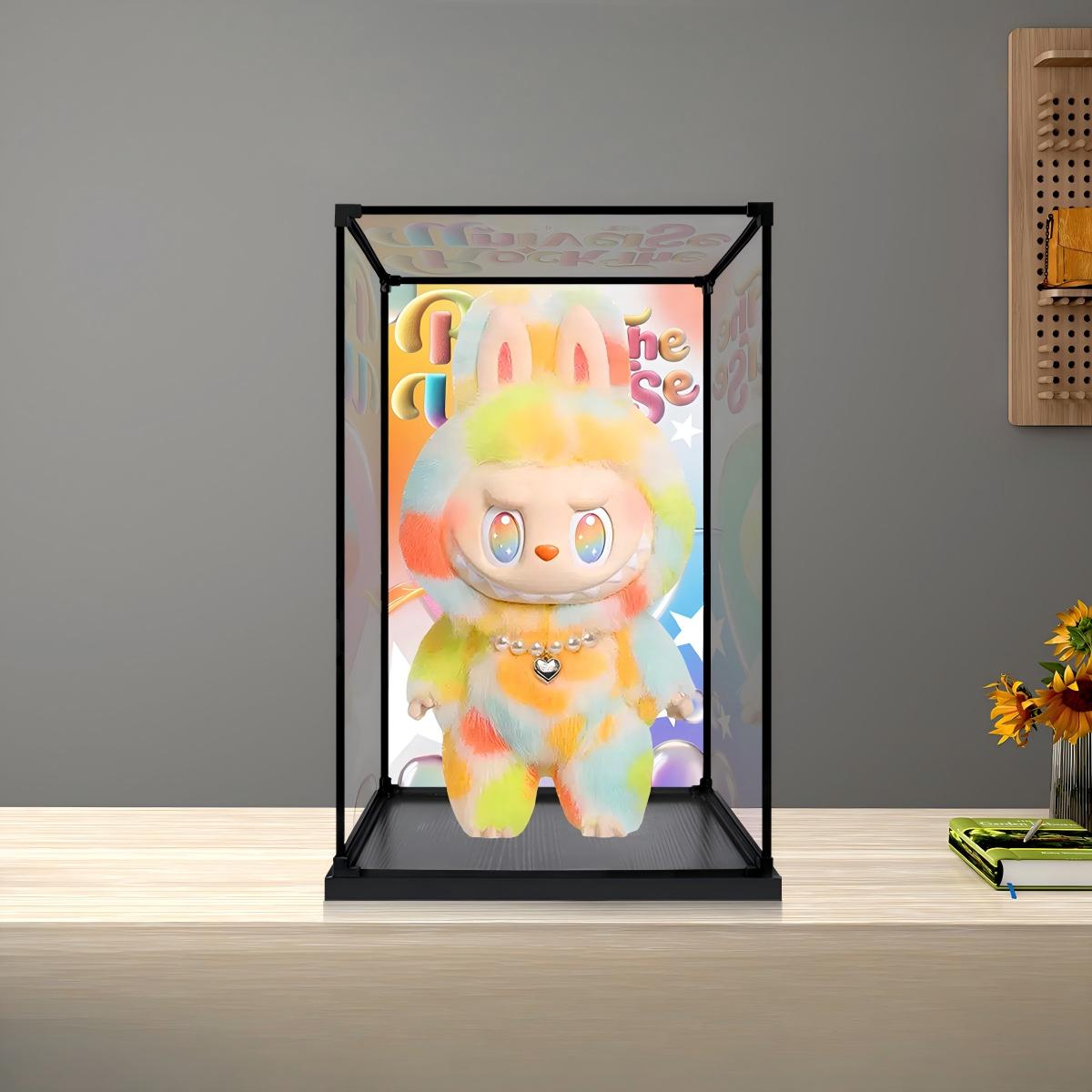 Pop Mart The Monsters Labubu Series Mirror Acrylic Display Case with Ring Light & UV-Printed Background - Dustproof Showcase