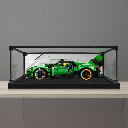 LEGO 42241 Technic Green Bugatti Chiron Pur Sport Hypercar Montre Akryl Display Etui med Ringlys og UV-printet Baggrund - Støvtæt Vitrine