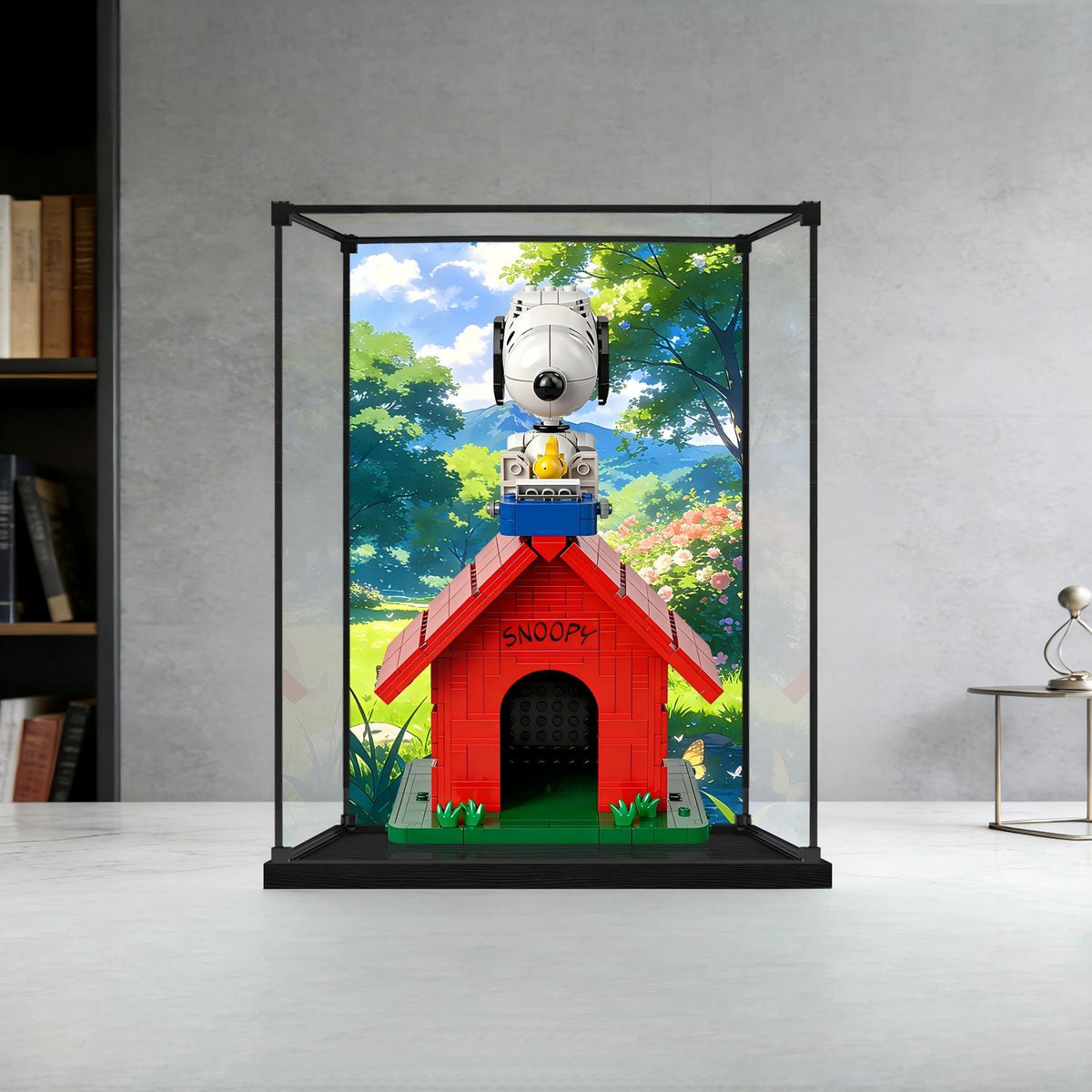 LEGO 21368 Peanuts: Espelho para Casinha do Snoopy com Vitrine de Exibição em Acrílico com Anel de Luz e Fundo Impresso em UV - Vitrine à Prova de Poeira