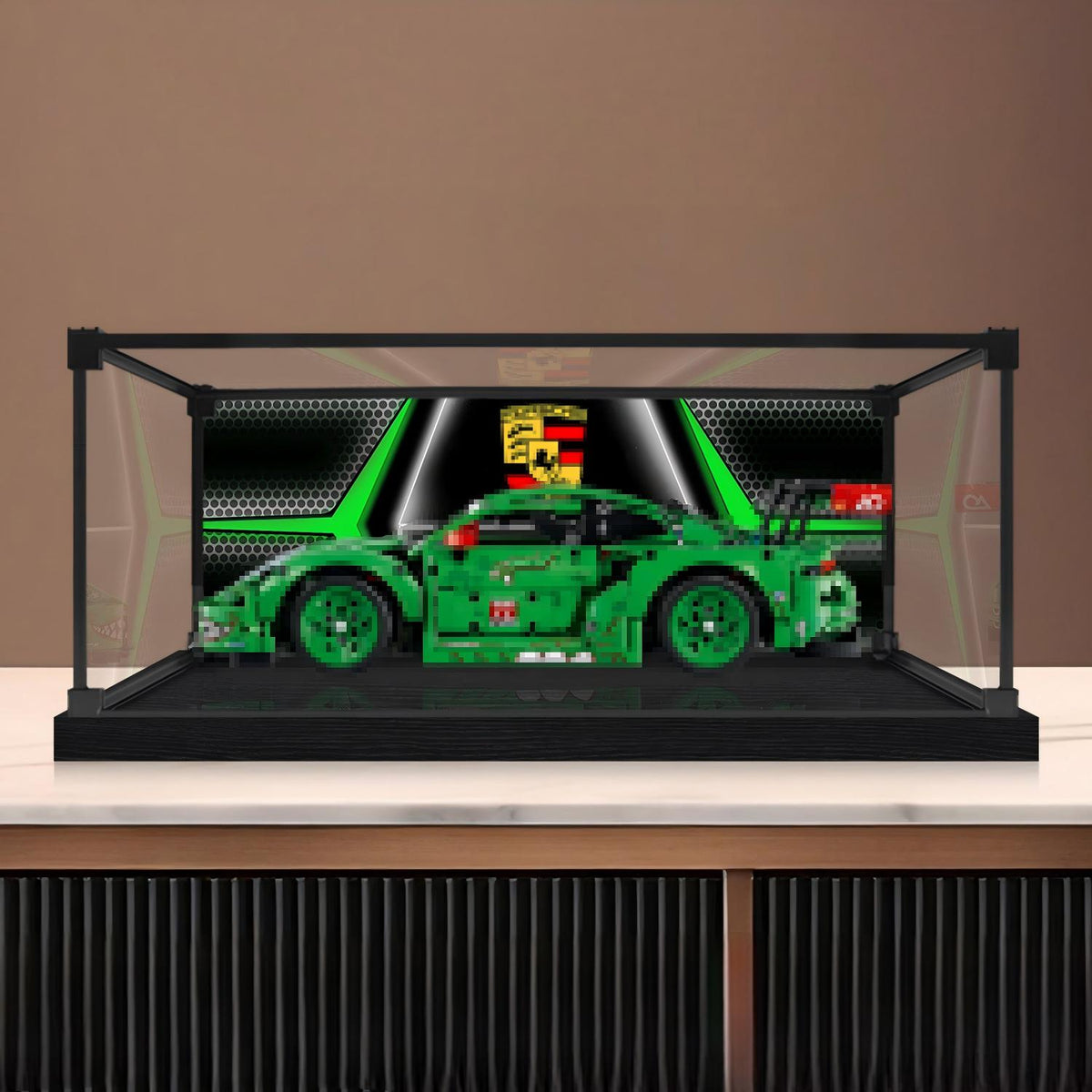LEGO 42224 Porsche 911 GT3 R REXY AO Racing Vitrine de Exibição em Acrílico Espelhado com Anel de Luz e Fundo Impresso em UV - Vitrine à Prova de Poeira
