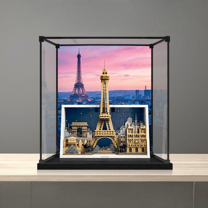 LEGO 21064 Paris - City of Love Mirror Acrylic Display Case with Ring Light & UV-Printed Background - Dustproof Showcase