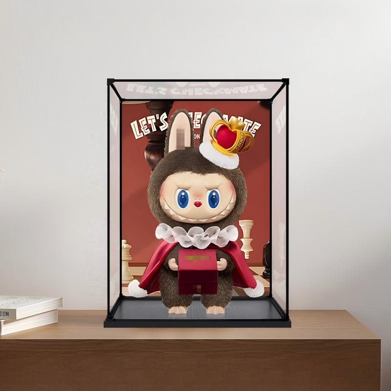 Pop Mart Labubu Checkmate Series Mirror Acrylic Display Case with Ring Light & UV-Printed Background - Dustproof Showcase