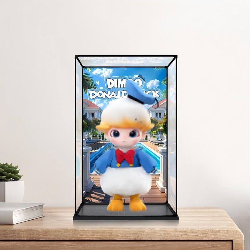 حالة عرض أكريليك مرآة Pop Mart Dimoo Donald Duck مع إضاءة حلقية وخلفية مطبوعة بالأشعة فوق البنفسجية - صندوق عرض مقاوم للغبار