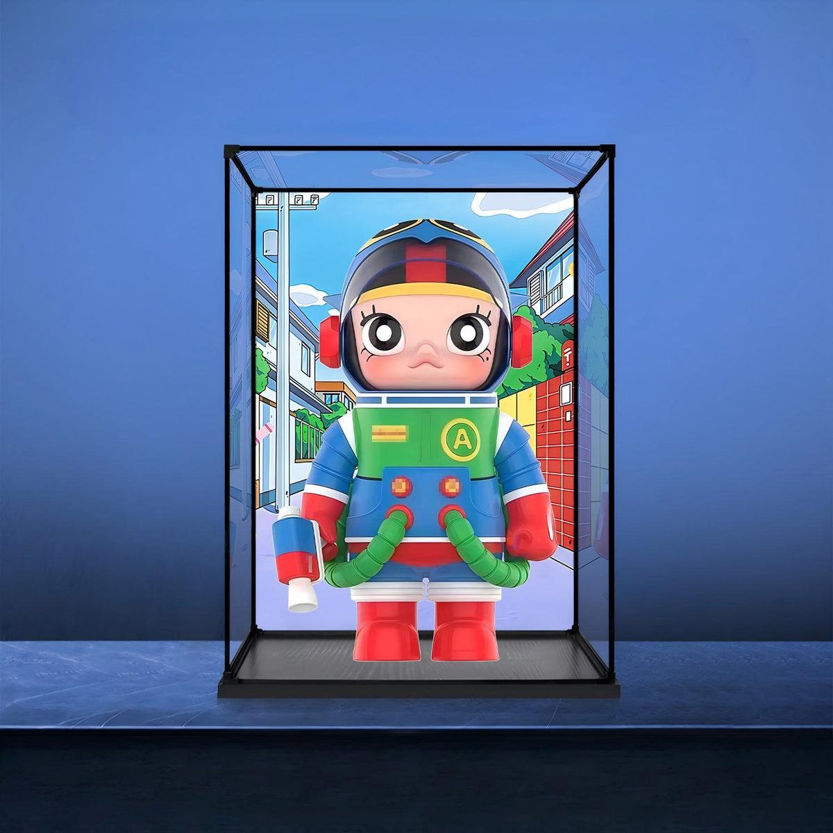 Pop Mart DIMOO系列镜面亚克力展示盒，带环形灯和UV印刷背景 - 防尘展示柜
