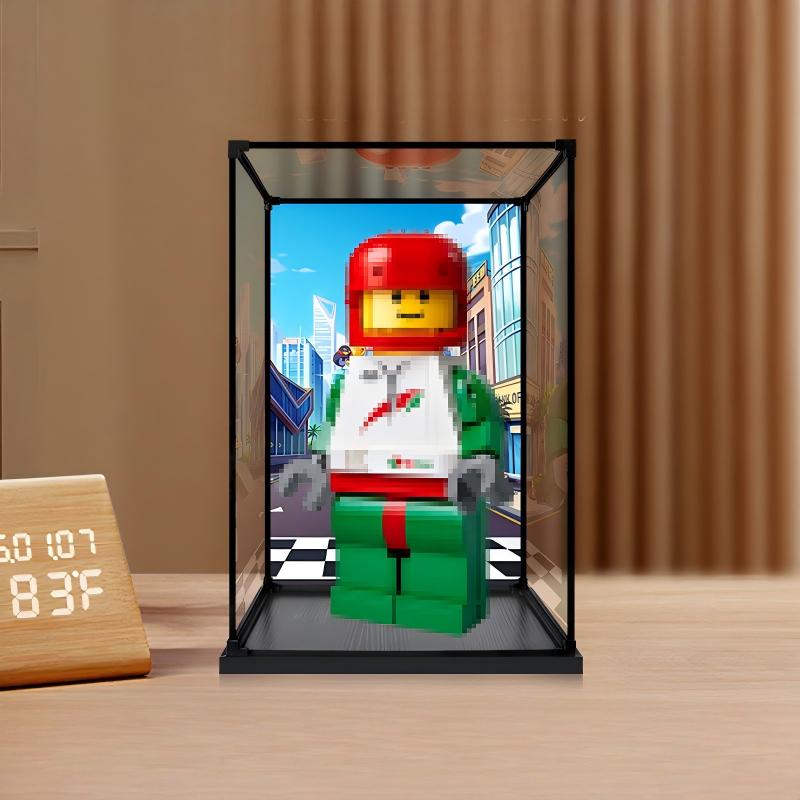 LEGO 40819 سائق سباق مصغر موسّع معروض في علبة عرض أكريليك مرآة مع حلقة إضاءة وخلفية مطبوعة بالأشعة فوق البنفسجية - خزانة عرض مقاومة للغبار