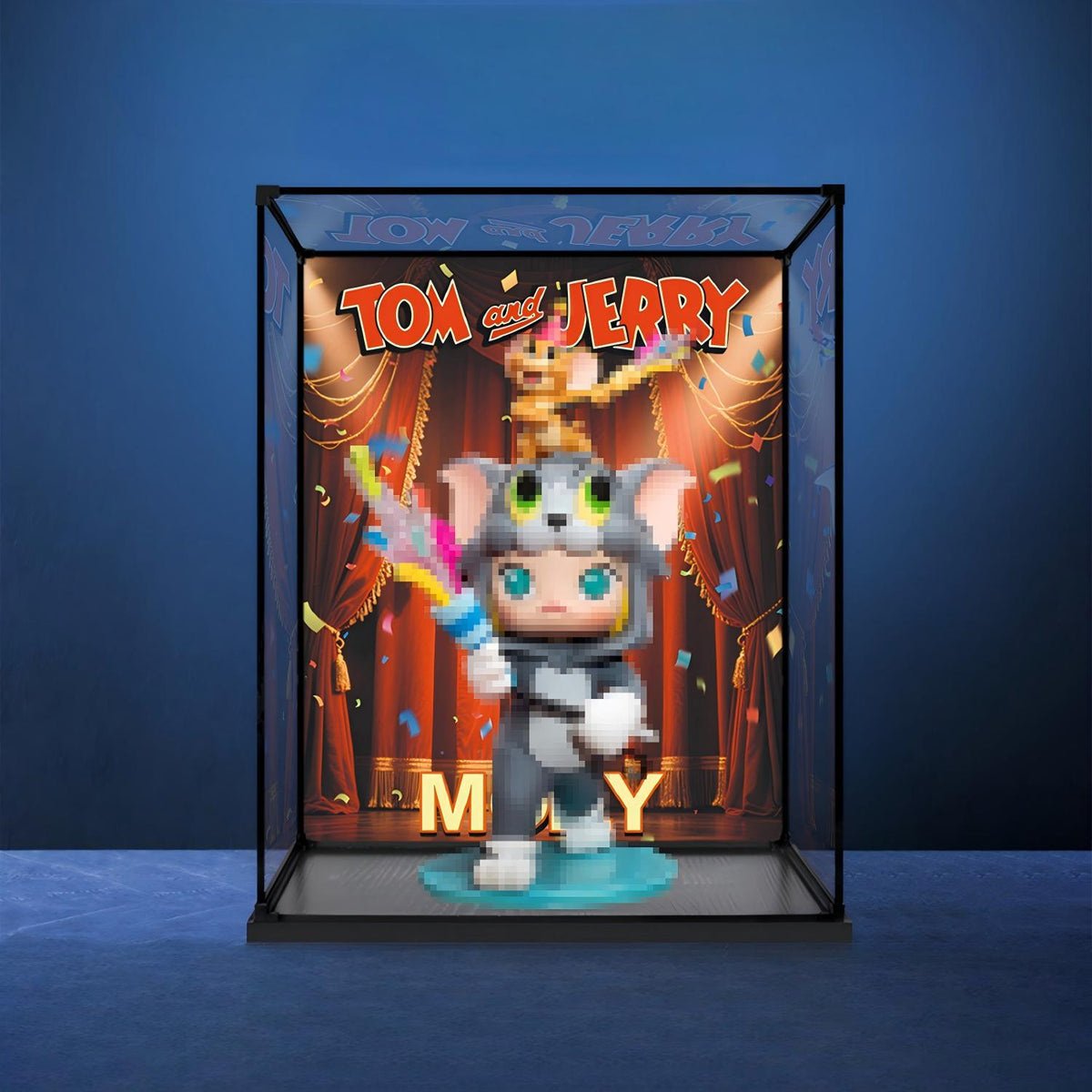 Pop Mart Molly Tom og Jerry Spejl Akryl Udstillingsæske med Ringlys & UV-printet Baggrund - Støvtæt Vitrine