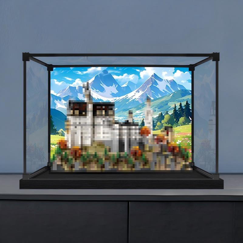 LEGO 21063 Neuschwanstein Slot Spejl Akryl Display Case med Ringlys & UV-trykt Baggrund - Støvtæt Udstillingsvitrine