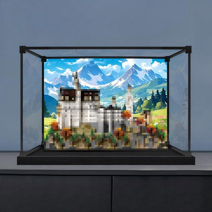 LEGO 21063 Neuschwanstein Slot Spejl Akryl Display Case med Ringlys & UV-trykt Baggrund - Støvtæt Udstillingsvitrine