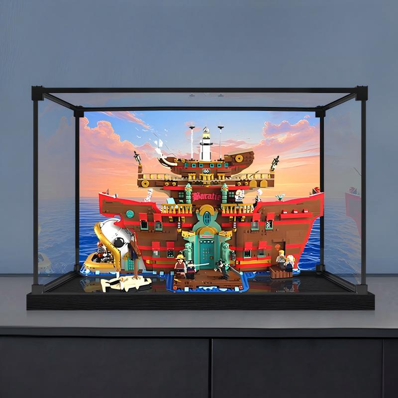 LEGO 75640 海上餐厅巴拉蒂 镜面亚克力展示盒 带环形灯和UV印刷背景 - 防尘展示柜